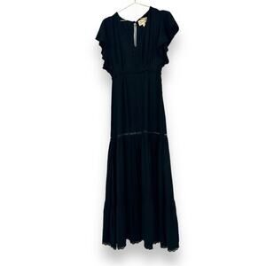 Cleobella Black Tiered Lace Trim Maxi Dress Flutter Sleeve Boho Casual XS